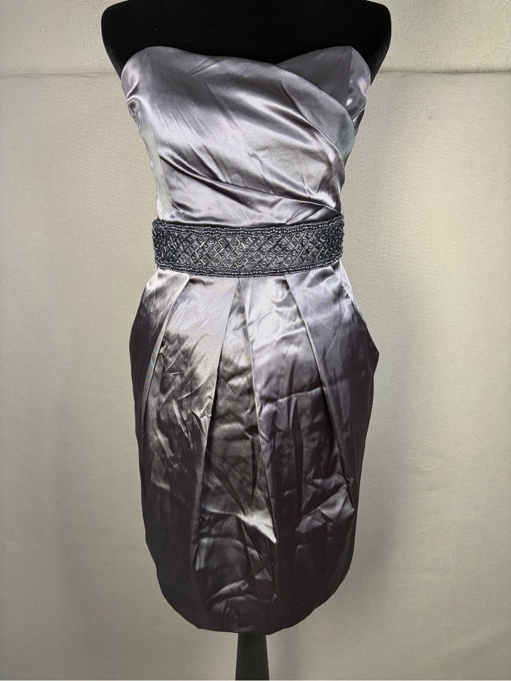 B Darlin Vintage Y2K Strapless Slate Gray Satin Dress with Beaded Waistband